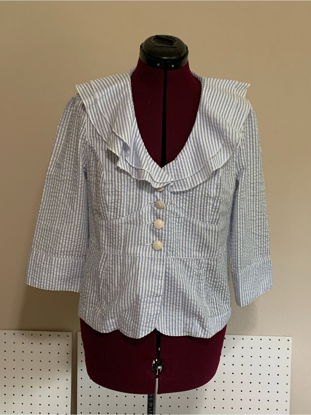 Vintage AMX  Blue Stripe Ruffle V-Neck Button Front jacket